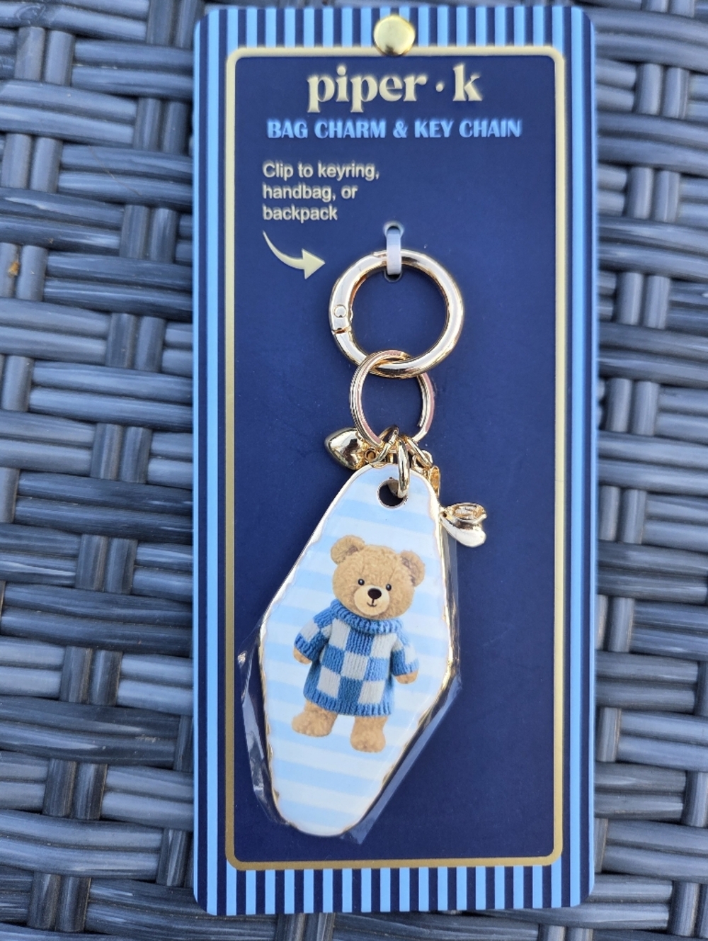 Piper K. Blue Teddy Bear Bag Charm with Gold Hardware